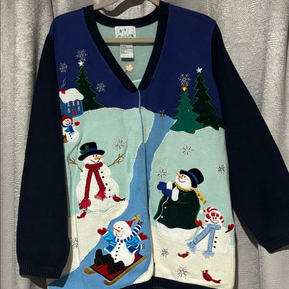 ✅Quacker Factory Snowman Cardigan - Blue and White
